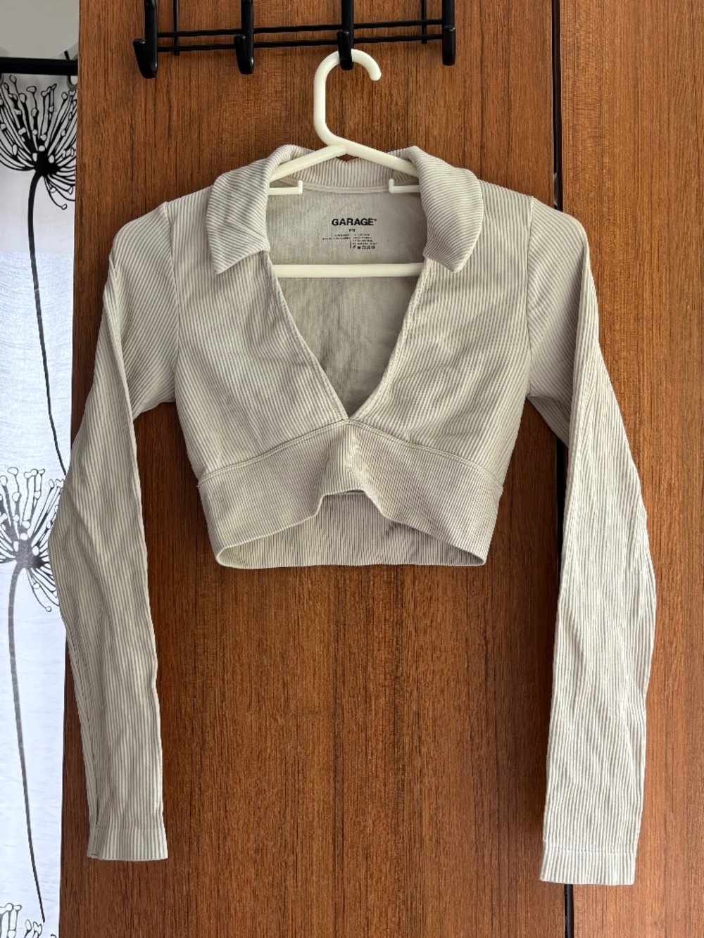 Garage Cream Ribbed Plunging V-Neck Cropped Polo Long Sleeve Top - Size S / P